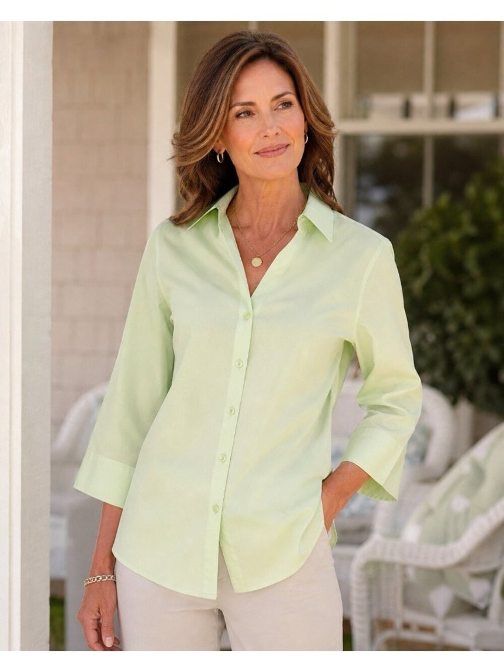 Foxcroft for Appleseeds Womens Blouse Sz 12 Green Shaped Fit Wrinkle Free Shirt